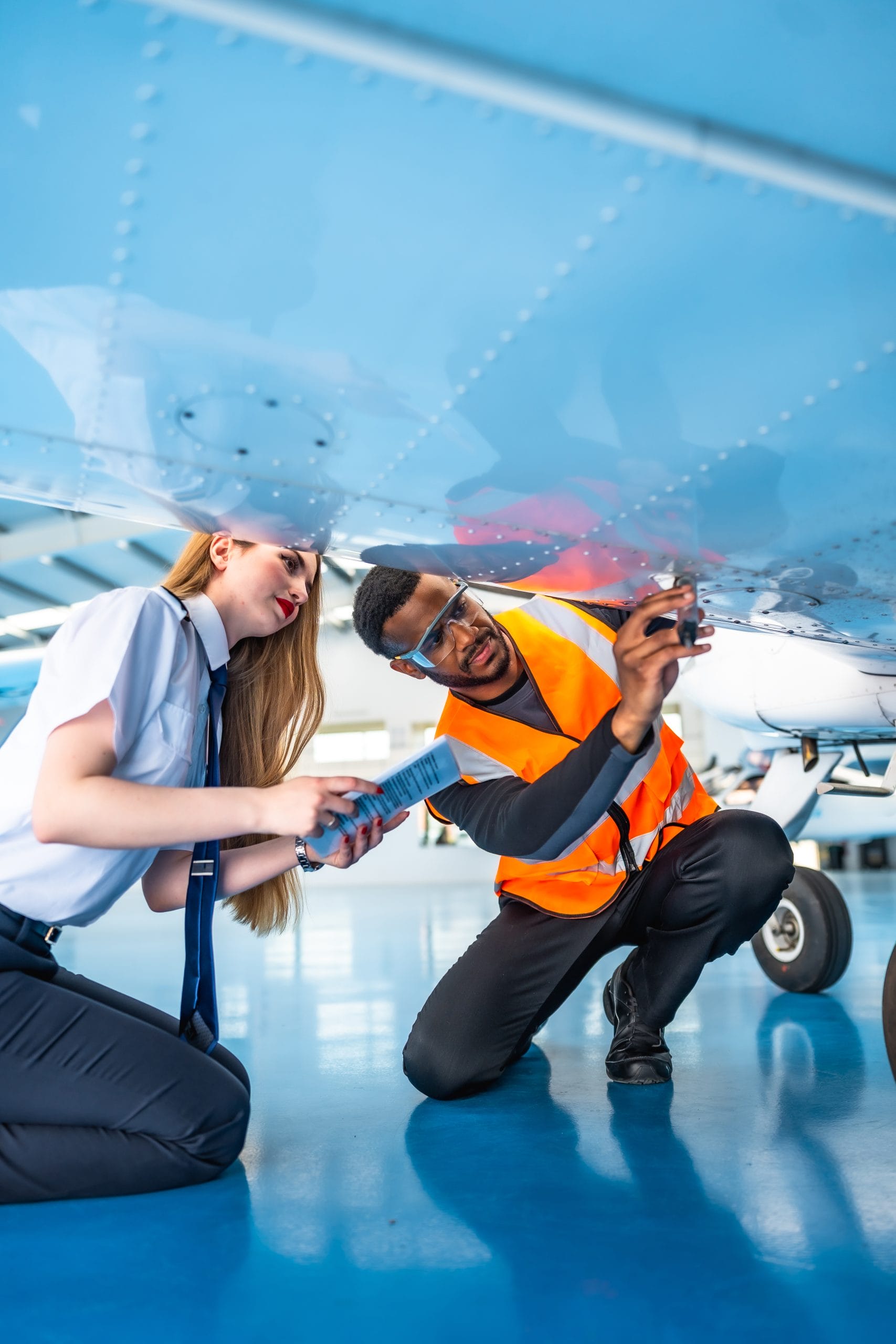 Aircraft maintenance workers examining the underside of an airplane wing inside a hangar.