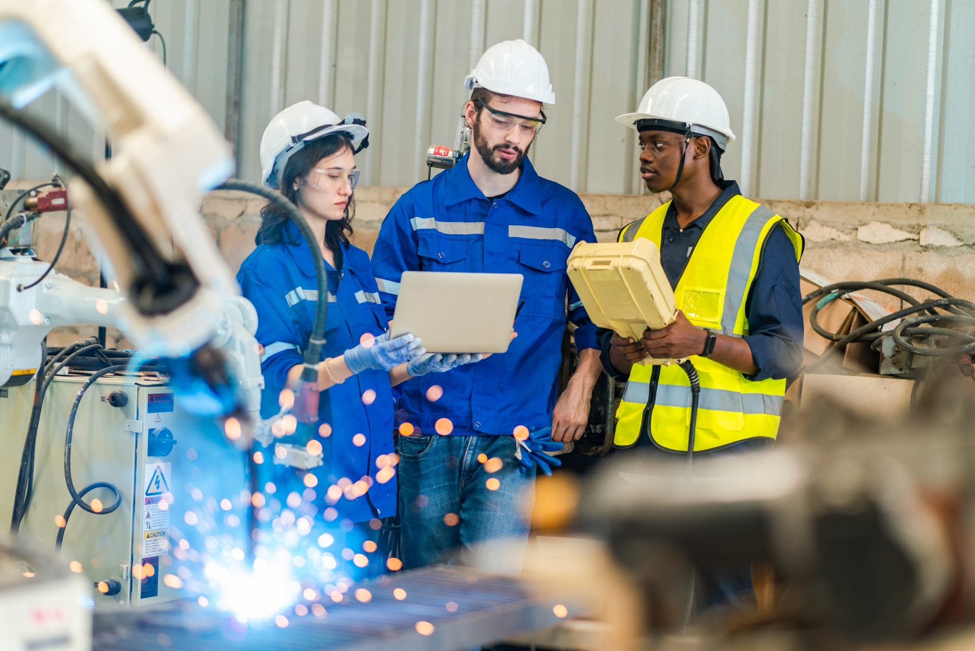Apprentices and supervisors wearing safety gear reviewing plans at an industrial site, highlighting on-the-job learning and mentorship.