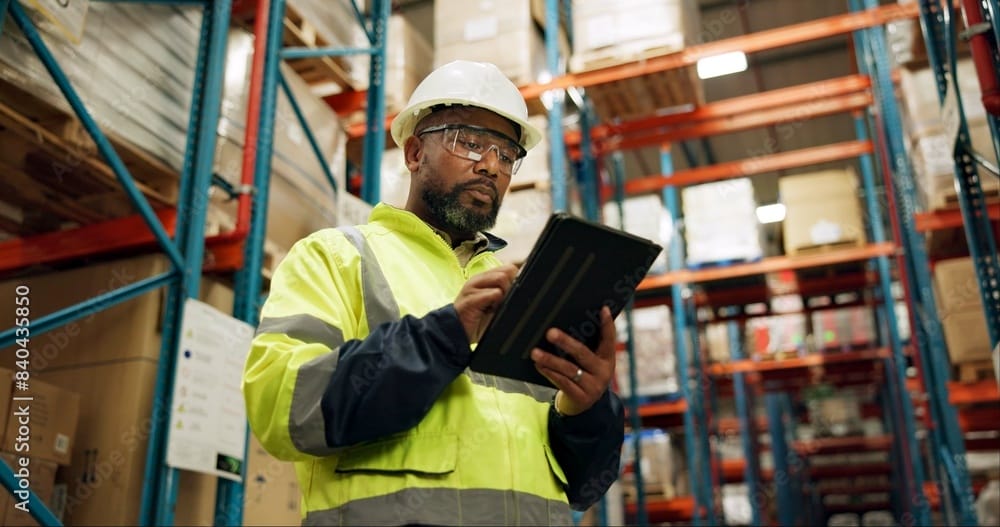 Warehouse professional wearing safety gear and using a tablet, symbolizing skill development and productivity.