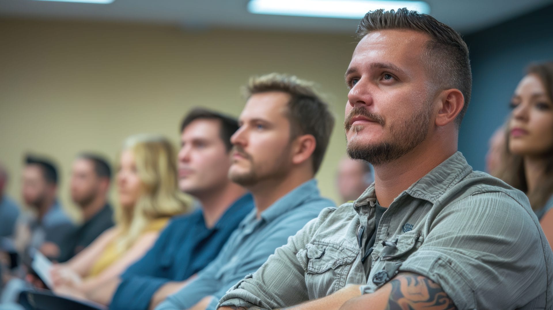 Veteran listening attentively during a classroom session, symbolizing continued learning and career advancement.