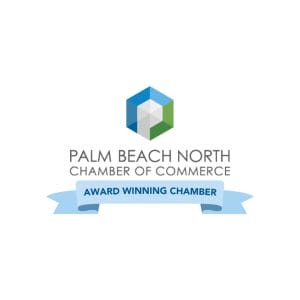 Palm Beach North Chamber of Commerce logo featuring a blue and green hexagon design above the organization’s name.