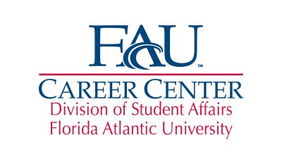 Florida Atlantic University Career Center logo with blue and red text reading FAU Career Center, Division of Student Affairs, Florida Atlantic University.