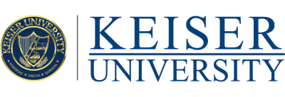 Keiser University logo featuring a blue circular emblem with gold accents and the words Keiser University in blue text.