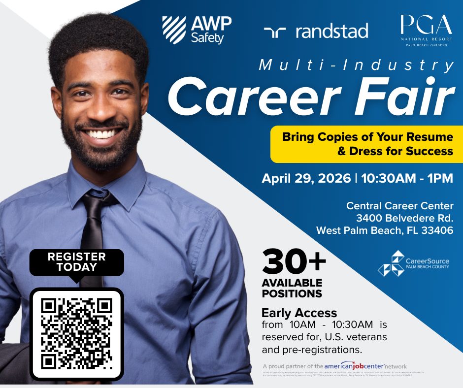 Promotional flyer for a Multi-Industry Career Fair on April 29, 2026, from 10:30 AM to 1 PM at the Central Career Center in West Palm Beach, Florida. The flyer features a smiling man in business attire holding a QR code for registration. It highlights participating employers including AWP Safety, Randstad, and PGA National Resort, and notes over 30 available positions. Early access from 10:00 to 10:30 AM is reserved for U.S. veterans and pre-registered attendees. The design includes blue and white geometric shapes with yellow accents and the CareerSource Palm Beach County logo.